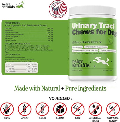 Deley Naturals Dog UTI Chews - Vet-Grade Cranberry Supplement for Dogs with D-Mannose & Echinacea for Bladder & Urinary Tract Health - Urinary Tract Supplements for Small to Large Breeds - 120 Chews