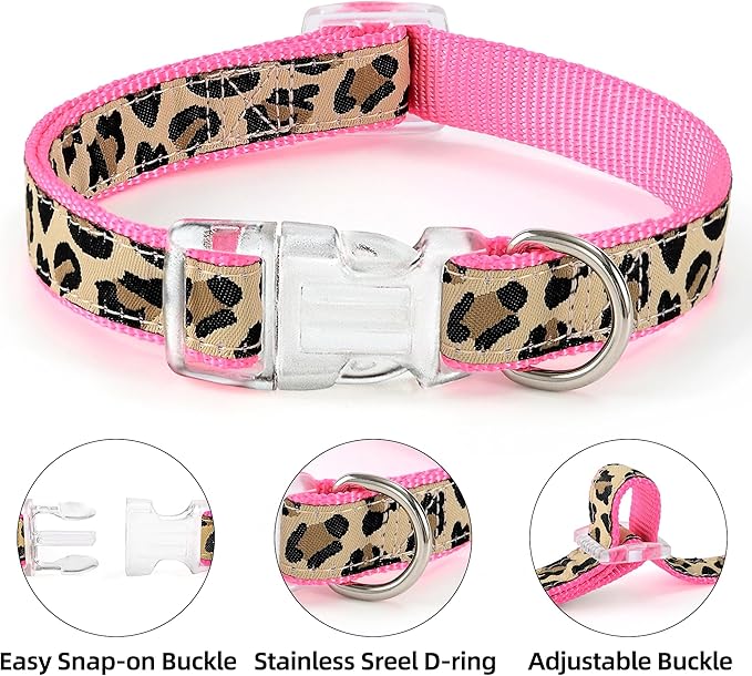 Mile High Life Leopard Dog Harness Collar Leash Set, Adjustable No Pull Dog Halter Harness for Small Breed Dogs, Easy Control for Training Walking (Pink, S Chest 11"-18", Neck 10"-14")