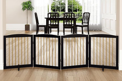 PUPETPO Freestanding Pet Gate for Dogs, Foldable Wooden Dog Gate for House, Indoor Dog Gate for Stairs, Doorways, Step Over Pet Puppy Safety Fence, 80 Inch Wide, 4 Panels 24", Black & Gold
