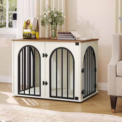 Hzuaneri 26.8'' Wooden Dog Crate Furniture, Indoor Dog Kennel Dogs Cage for Small Dogs, Heavy Duty Dog Crates Decorative Pet House End Side Table TV Stand, White Brown DFC85514B