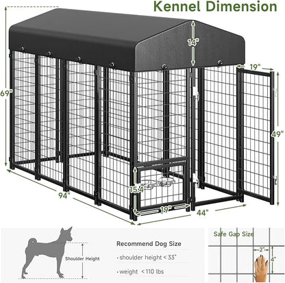 Dog Kennel Outdoor, Large Outside Dog Kennel with Roof & Swivel Feeders/Removable Doggy Door Allow Connecting Your Dog House, Heavy Duty Dog Run Pen for Medium/Large Dogs (8'L x 4'W x 6'H)