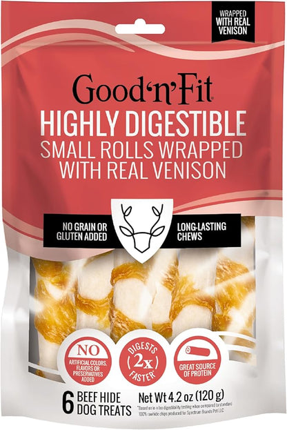 Good ‘n’ Fit Rolls Made with Real Venison, 6 Small Rolls, Treat Your Dog to Long-Lasting and Highly Digestible Rawhide Chews