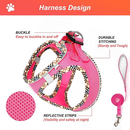 Hipubby Dog Harness Small Sized and Leash Set, No Pull Soft Mesh Puppy Vest, Reflective Breathable Lightweight Pet Harness, Harness for Small Medium Dogs and Cats - Rose Red/Khaki Trim, XXS