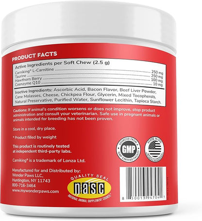 Wonder Paws Cardio Support for Dogs – Cardiovascular Chews Heart Health, Circulation, Energy & Weight Management - with L-Carnitine, Hawthorn Berry, Coenzyme Q10 & Taurine for Dogs – 90 Soft Chews