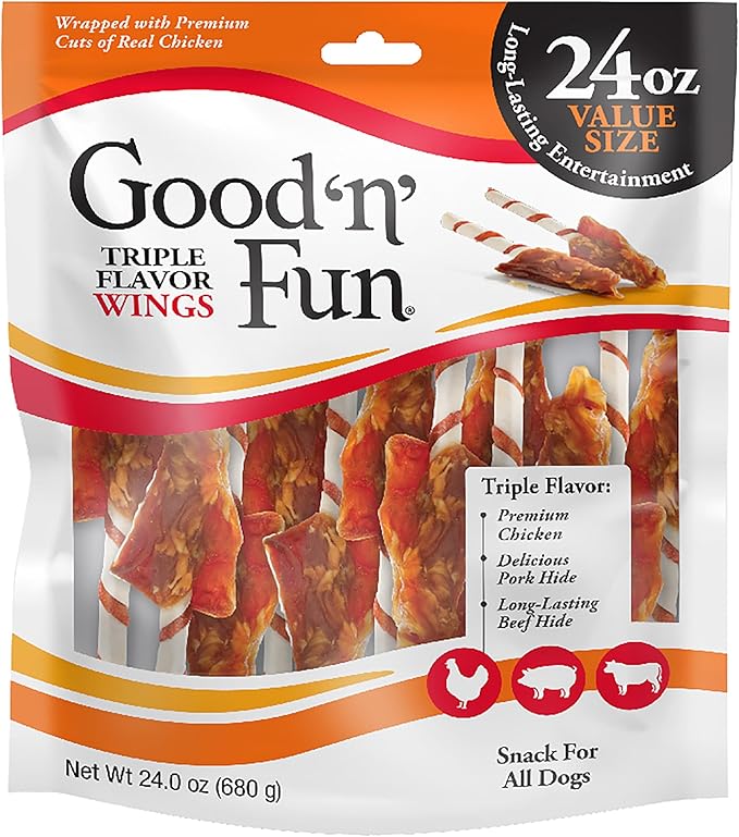 GOOD 'N' FUN Triple Flavor Wings, 24 Ounces, Rawhide Snack for All Dogs Made with Real Chicken, Pork Hide and Beef Hide