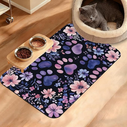 Paw Print Dog Food Mat,Watercolor Flower Absorbent Pet Feeding Mat for Food and Water Bowl,Quick Dry Dog Placemat Non Slip Rubber Backing Waterproof Pet Supplies 16" x 24"