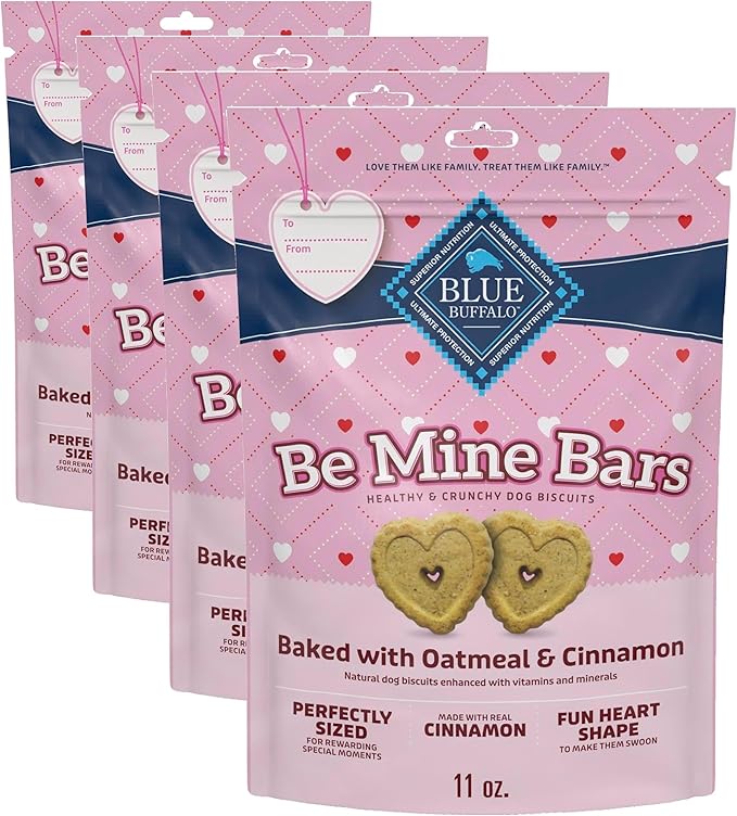 Blue Buffalo Be Mine Bars Heart-Shaped Healthy & Crunchy Dog Biscuits, Natural Valentine’s Dog Treats, Baked with Oatmeal & Cinnamon, 11-oz Bag (Pack of 4)