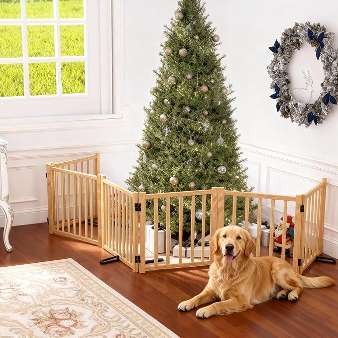 YOCAN Paint-Free Wooden Freestanding Dog Gates for The House,Doorways, Stairs,Wood Dog Fences Indoor Pet Gate,Step Over Fence-6 Panel H:16.9" L:138"