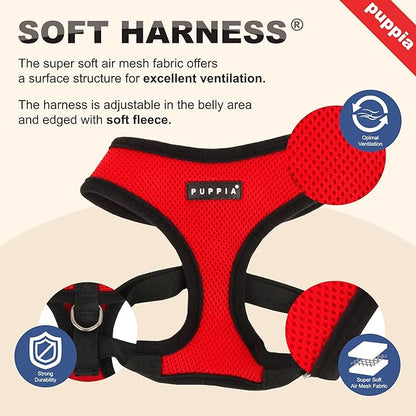 Puppia Soft Dog Harness No Choke Over-The-Head Triple Layered Breathable Mesh Adjustable Chest Belt and Quick-Release Buckle, Red, X-Small