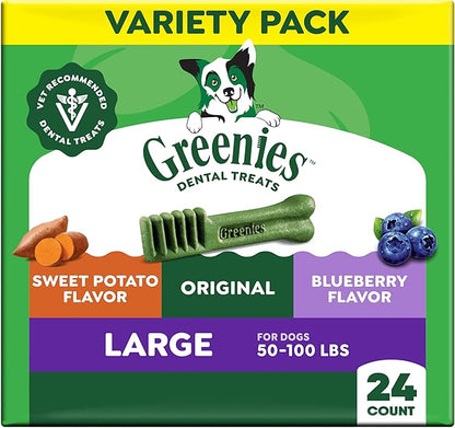 Greenies Dog Treats, Veterinarian-Recommended Natural Dental Dog Treats, Large Size, Variety Pack Flavor, (3) 12 oz. Packs, 24 Count