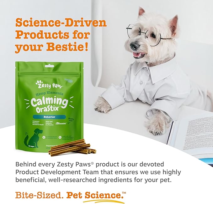 Zesty Paws OraStix for Dogs - Calming Dental Sticks for Stress with Hemp Melatonin Chamomile Dog Healthy Teeth and Gums Calm Composure for Fireworks and Thunderstorms - 25oz