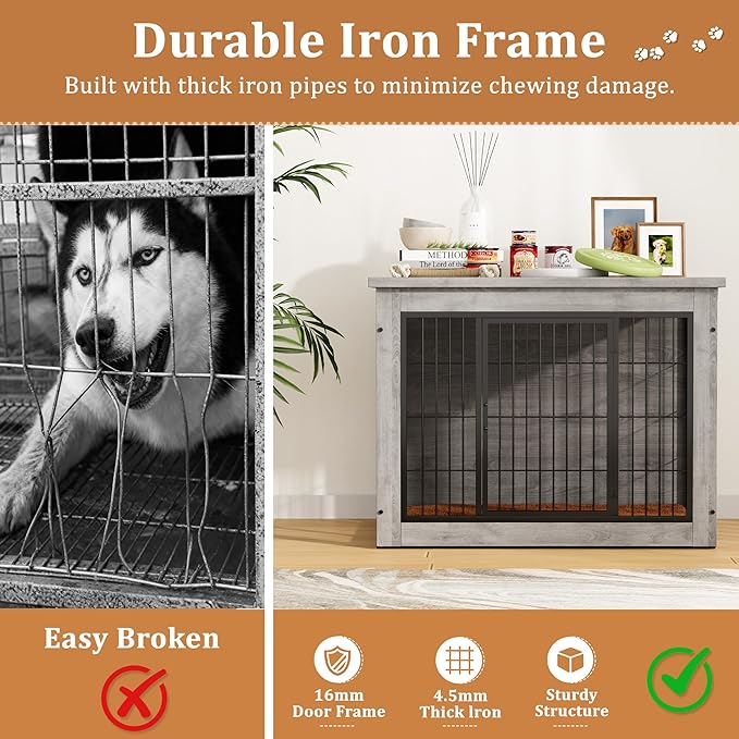 Greesum Modern Dog Crate Furniture That Doubles as a Side Table - Sturdy Wooden Kennel with Double Door Design, Equipped with Soft Cushion & Chew-Resistant Resign, Suitable for Dogs