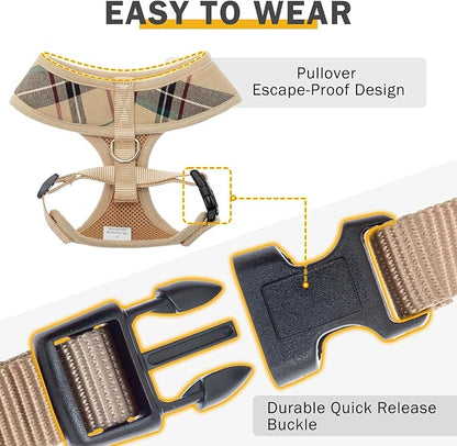 SCENEREAL Puppy Dog Harness with Leash Set for Small Medium Sized Dogs, Soft Mesh Pet Harnesses and Leash, No Chock Plaid Adjustable No Pull Vest for Dogs Cats, Chihuahua,Bulldog (Beige M)