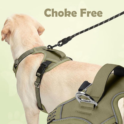 Funfox Dog Harness No Pull, Adjustable Pet Vest Harness, Super Soft Material with Vertical Handle Easy Control, Reflective Night Walking, 2 Leash Clips for XLarge Dogs, Army Green, XL