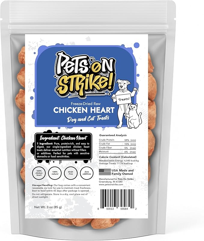 Freeze Dried Chicken Hearts for Dogs & Cats (3oz) – Single Ingredient Dog Treats – USA Sourced & Made – High Protein, All Natural, Grain Free – Raw Freeze-Dried Training Treats