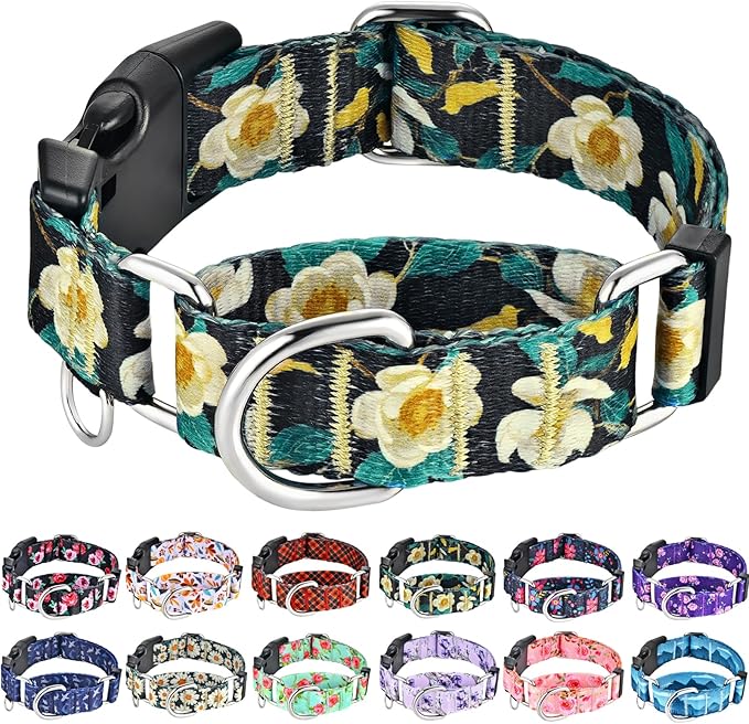 Martingale Collar for Dogs with Buckle Pretty Cute Floral Nylon Dog Collars for Medium Dogs (Luxury Golden Flowers, Medium)