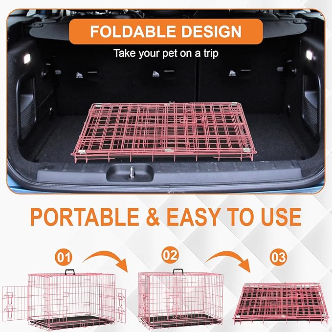 Dog Crate Dog Cage Dog Kennel Outdoor Metal Wire Double-Door Folding Pet Animal Pet Cage for Small Dog 30 inches with Double Door&Leak-Proof Pan Tray,Pink