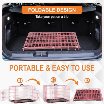 Dog Crate Dog Cage Dog Kennel Outdoor Metal Wire Double-Door Folding Pet Animal Pet Cage for Small Dog 30 inches with Double Door&Leak-Proof Pan Tray,Pink