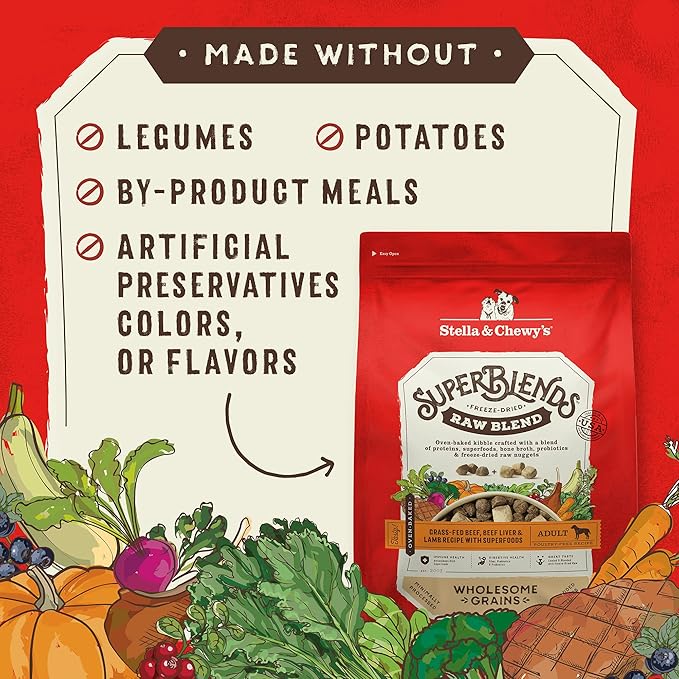 Stella & Chewy's SuperBlends Raw Blend Wholesome Grains Grass-Fed Beef, Beef Liver & Lamb Recipe with Superfoods, 21 lb. Bag