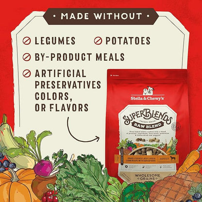 Stella & Chewy's SuperBlends Raw Blend Wholesome Grains Grass-Fed Beef, Beef Liver & Lamb Recipe with Superfoods, 21 lb. Bag