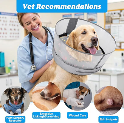 Inflatable Dog Cone with Anti-Licking Clear Shield, Protective Dog Donut Collar After Surgery, Adjustable Soft Recovery Cone for Pets, Alternative Collar with Buckle Strap (Grey, M+)