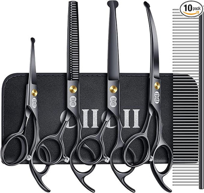 CIICII Dog Grooming Scissors Kit, 7 Inch Professional Pet Grooming Scissors Set with Safety Round Tip (Dogs/Cat Hair Cutting Trimming Thinning Shears with Curved Scissors) for DIY Home Salon (Black)