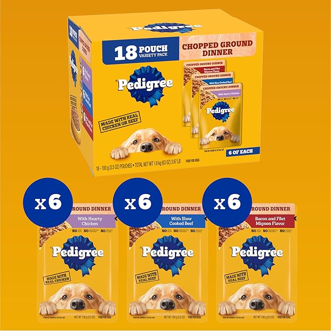Pedigree Chopped Ground Dinner Wet Dog Food Pouches Variety Pack, 3.5 oz Pouches, 30 Count