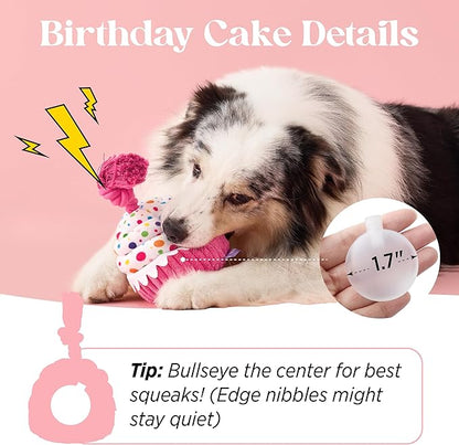LE SURE Dog Birthday Cake Toy - Cute Dog Birthday Cake Squeaky Toy with Interactive Tug Rope, Interactive Chew Toy for Puppy Birthday Party & Daily Play, XSmall, Milk Chocolate