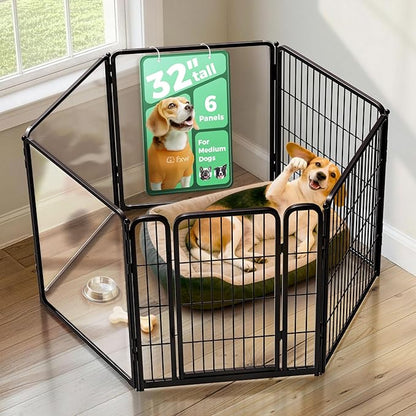 FXW AuraSpace Pro Acrylic & Wire Mesh Indoor Dog Playpen, 32" Height 6 Panels Metal Dog Pen for Small and Medium Dogs, Black│Patented