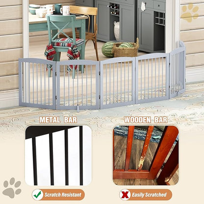 PUPETPO Freestanding Pet Gate for Dogs, Foldable Wooden Dog Gate for House, Extra Wide Indoor Pet Barrier for Stair, Doorway, Hall, Support Feet Included, 120 Inch Wide, 6 Panels 24", Grey