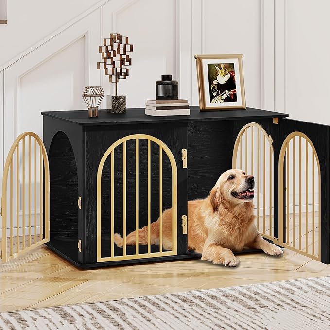 Hzuaneri 39.4" Wooden Dog Crate Furniture, Indoor Dog Kennel Dogs Cage for Small/Medium/Large Dogs, Heavy Duty Dog Crates Decorative Pet House End Side Table TV Stand, Black Gold DFC84104A