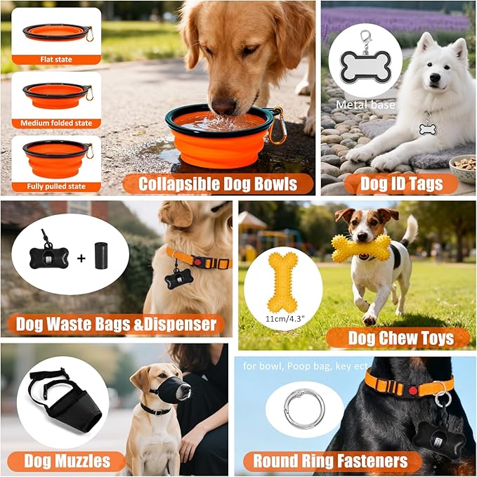 No Pull Dog Harness Adjustable Collar & Leash Set - Dog Halter Harnesses Collapsible Bowls & Poop Bag Dispenser Muzzle ID Tags Toys Fits Small Medium Large Dogs (Orange-M)