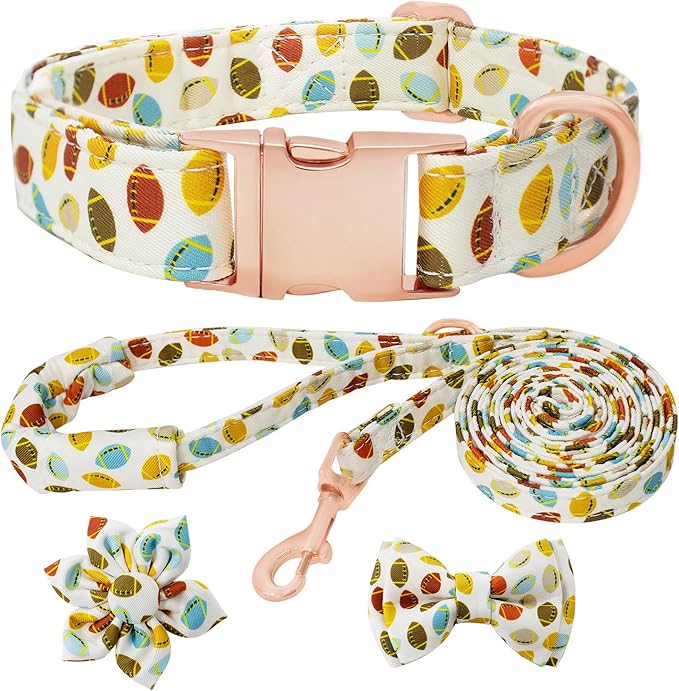 Dog Collar and Leash Set Girls Adjustable Puppy Collars with Floral Bow Tie for Small Medium Large Female Dogs, Rugby, S