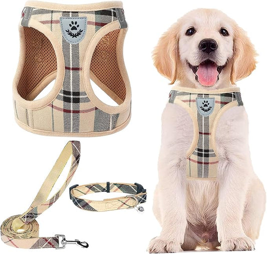PUPTECK Adjustable Dog Harness Collar and Leash Set Step in No Pull Pet Harness for Small Medium Dogs Puppy and Cats Outdoor Walking Running, Soft Mesh Padded Reflective Vest Harnesses, Beige XL