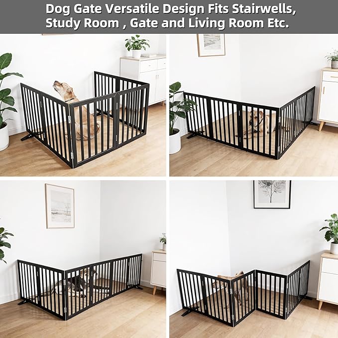 Dog Gate Indoor, Freestanding Dog Fence for The House, Doorways, Hallways,or Stairs,Pet Gate Foldable Wooden,Expandable 24" Height 6 Panels,Black