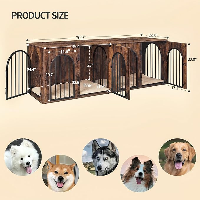 Hzuaneri 71" Dog Crate Furniture for 2 Dogs, Heavy Duty Indoor Dog Kennel TV Stand, XL Wooden Dog Cage with Divider for Medium Large Dogs, End Table Dog Crate with Cushion, Rustic Brown DFC81901B