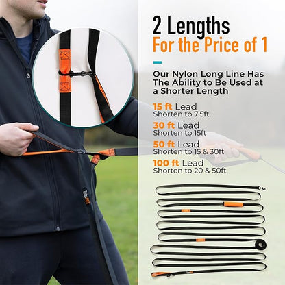 100ft Long Leash for Dogs - Long Line Dog Leash for Training Recall/Commands at Distance - Nylon, Heavy Duty - Ideal for Large & Small Breeds