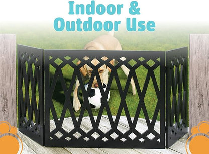 Etna 3-Panel Diamond Design Wood Pet Gate - Decorative Black Tri Fold Dog Fence for Doorways, Stairs - Indoor/Outdoor Pet Barrier - 24-48 Inches Wide x 19 Inches Tall