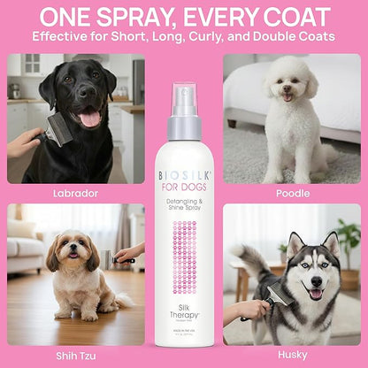 BioSilk for Dogs Detangling Spray with Shine Support, Lightweight Leave In Grooming Mist that Helps Smooth Coats, Detangle, and Add Shine Without Buildup, 8 Fl Oz