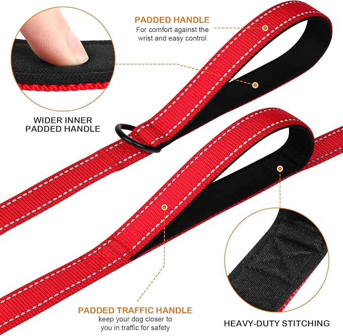Joytale Dog Leash Heavy Duty for Large Dogs that Pull, Double Handle for Traffic Control, Double-Sided Reflective Leashes for Large Medium Dogs Night Safety, 5FT, Red