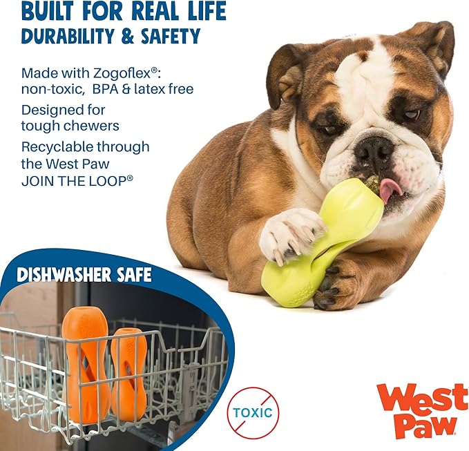 West Paw Qwizl Durable Zogoflex Dog Puzzle Toy for Mental Stimulation, and Enrichment - Treat Dispensing for Bully Sticks and Dental Sticks - Dishwasher Safe - Made in USA - Small - Tangerine