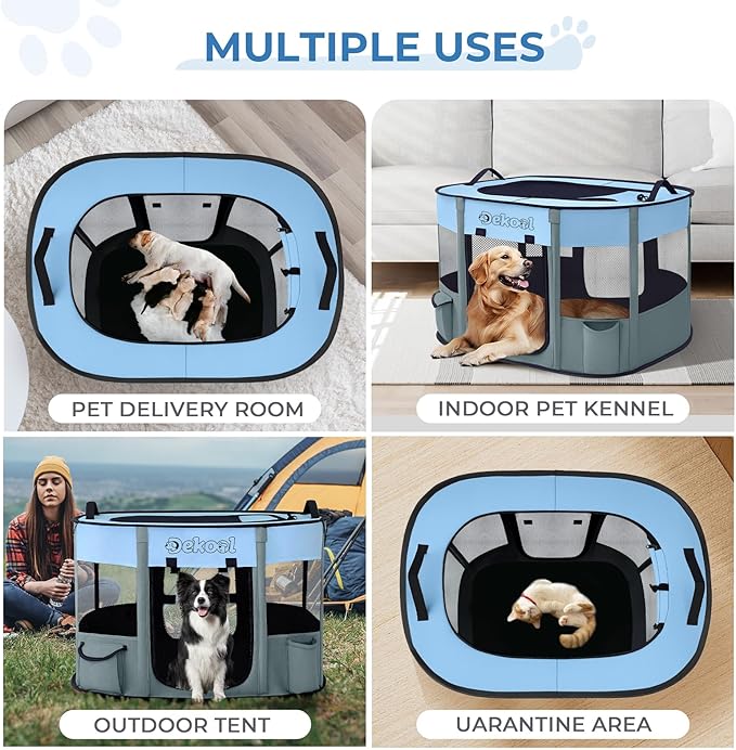 Foldable Dog Cat Playpen, Portable Dog Crate for Puppies, Cat, Puppy Play Pen for Indoors, Kennel Tent Crate for Indoor Outdoor Travel Camping Use with Carrying Case (Blue, M)
