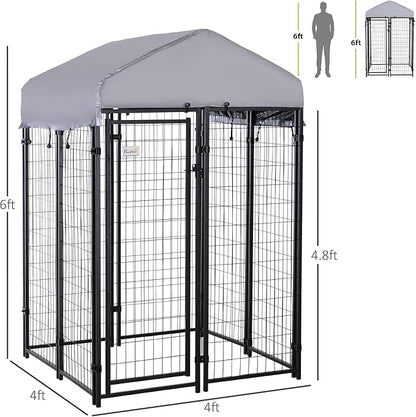PawHut Outdoor Dog Kennel with Roof, 4' x 4' x 6' Heavy Duty Welded Wire Dog Playpen Enclosure with Escape-Proof Lock, UV-Resistant & Waterproof Cover, for Medium Dogs, Chickens, Ducks, Silver