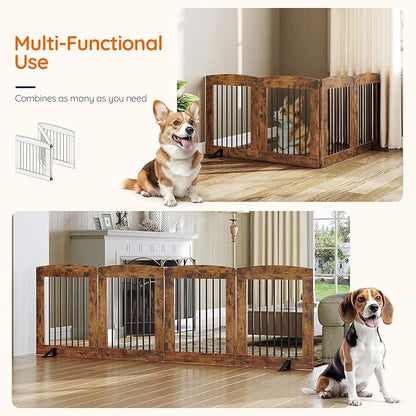 HOOBRO Indoor Dog Gate with Support Feet, 24 Inch 4 Panels, Freestanding Pet Gate for Doorway, Stairs, Folding Dog Fence, 360° Hinge for Easy Access, Sturdy Iron Pipe, Rustic Brown BF54PP03
