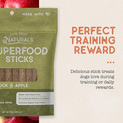 Dog Treat Naturals Superfood Sticks, Duck & Apple, 10oz Bag | Dog Chew Sticks | All-Natural, Pet Training Treats | Joint-Skin-Coat Health | USA Made