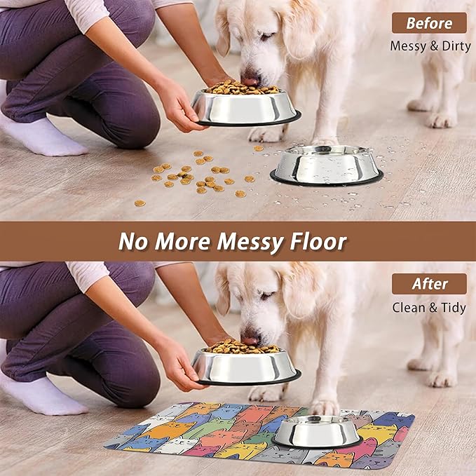 Funny Cats Family Dog Cat Food Mat,Absorbent Pet Feeding Mat for Food and Water,Non-Slip Dog Bowl Mats Floor Protector 16"x24"