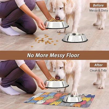 Funny Cats Family Dog Cat Food Mat,Absorbent Pet Feeding Mat for Food and Water,Non-Slip Dog Bowl Mats Floor Protector 16"x24"