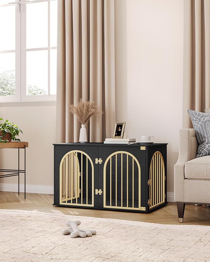 Hzuaneri 39.4" Wooden Dog Crate Furniture, Indoor Dog Kennel Dogs Cage for Small/Medium/Large Dogs, Heavy Duty Dog Crates Decorative Pet House End Side Table TV Stand, Black Gold DFC84104A