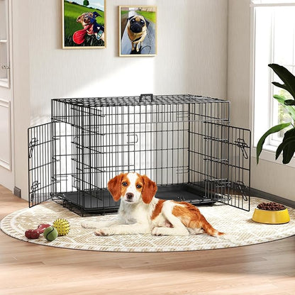 FDW Dog Crate 36-Inch Dog Cage Single Door Foldable Metal Kennel with Leakproof Tray Foldable Design Indoor Outdoor Use for Medium Dogs,Dark Black