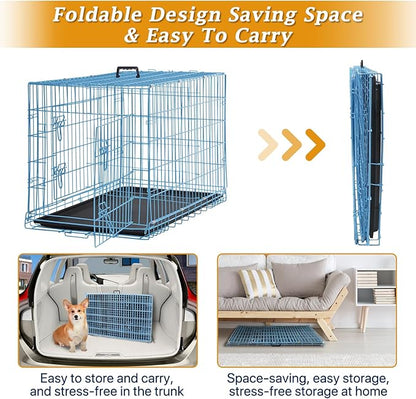 Folding Dog Crate 36" Metal Portable Outdoor Double Door Wire Large Cat Pet Dog Cage Kennel with ABS Tray LC & Divider, Blue